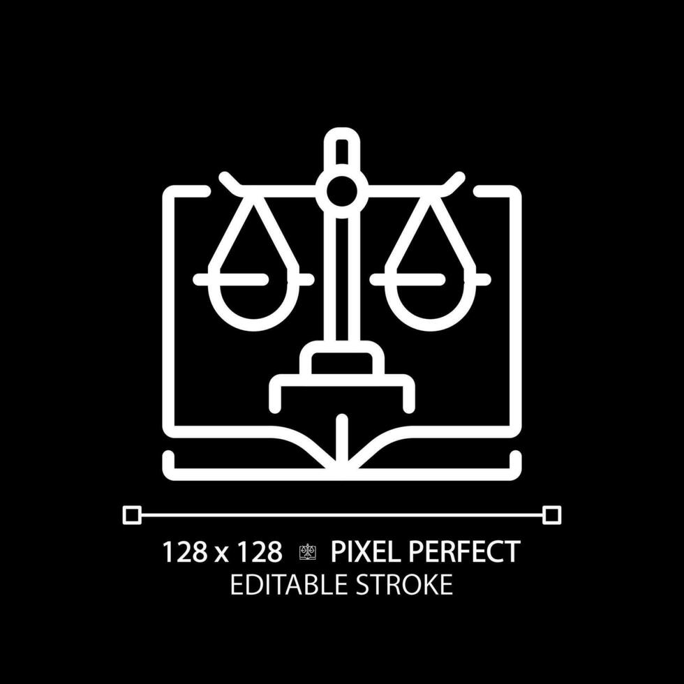 Constitutional law pixel perfect white linear icon for dark theme. Legal government regulation. Legislative system protection. Thin line illustration. Isolated symbol for night mode. Editable stroke vector