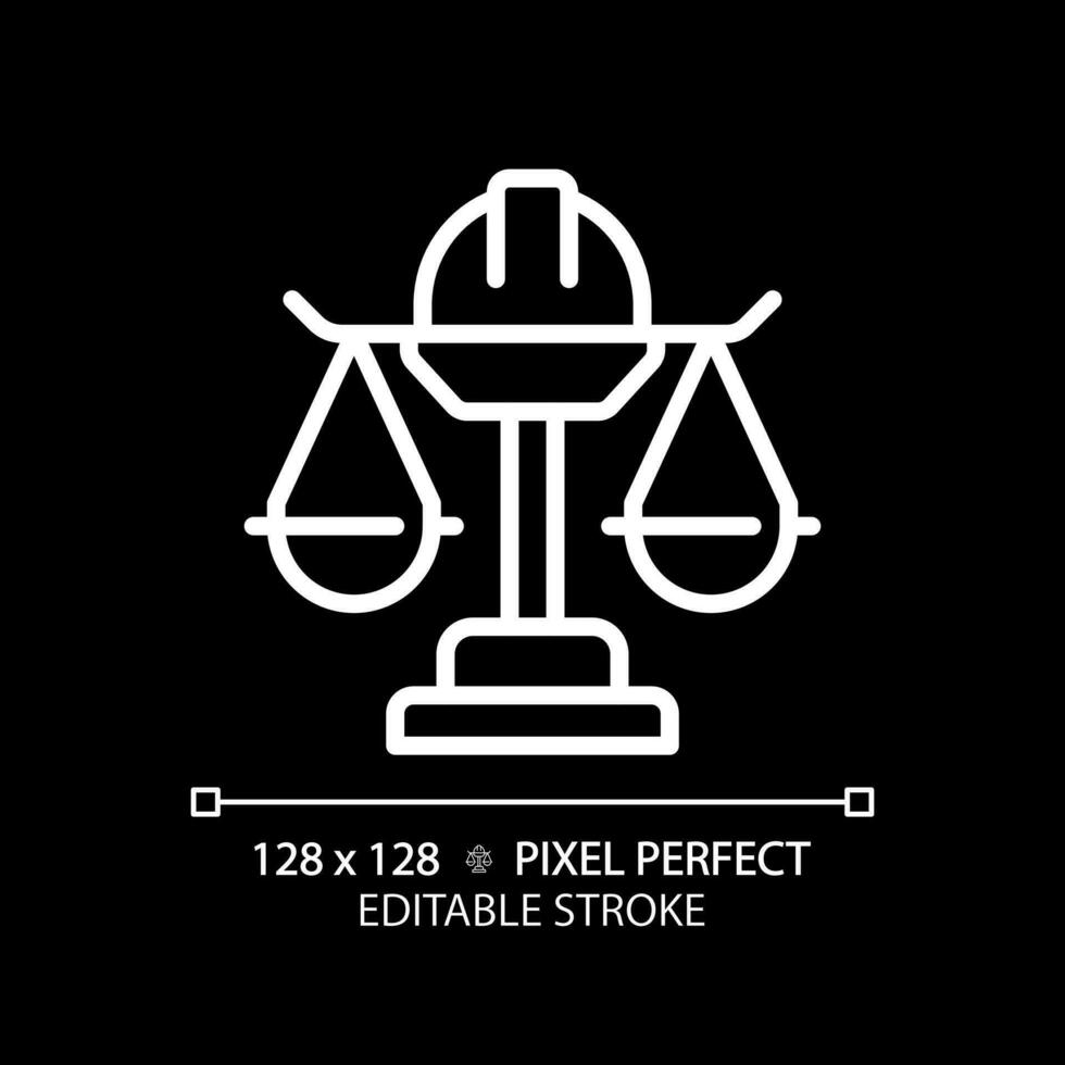 Labour law pixel perfect white linear icon for dark theme. Employee rights protection. Work relations legal regulation. Thin line illustration. Isolated symbol for night mode. Editable stroke vector