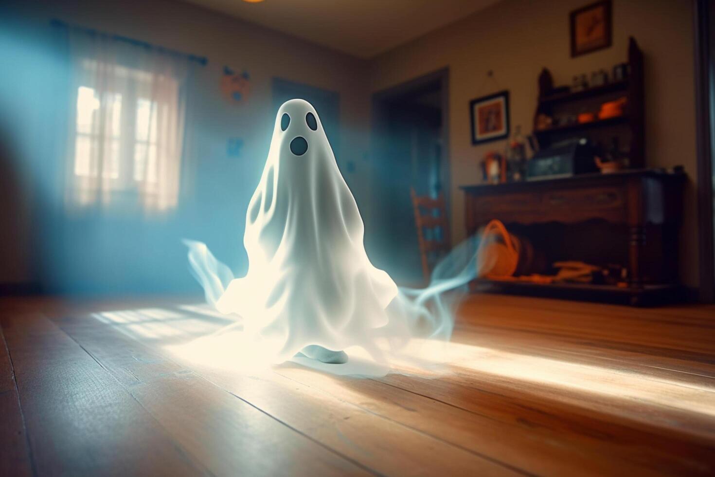 Human in spooky ghosts costume flying inside the old house or forest at night. Spooky halloween background with ghost. Ghost on halloween celebration concept by photo