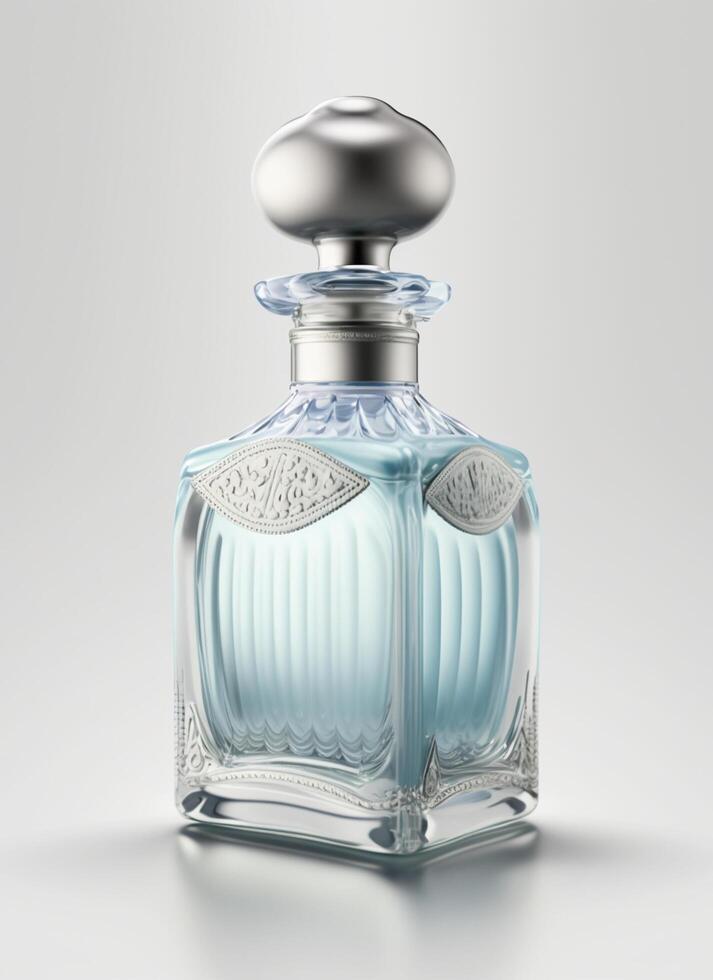 A high class bottle of glass perfume with light blue liquid. Aromatic perfume bottles on white background. Beauty product, cosmetic, perfume day, fragrance day or perfume launch event by photo