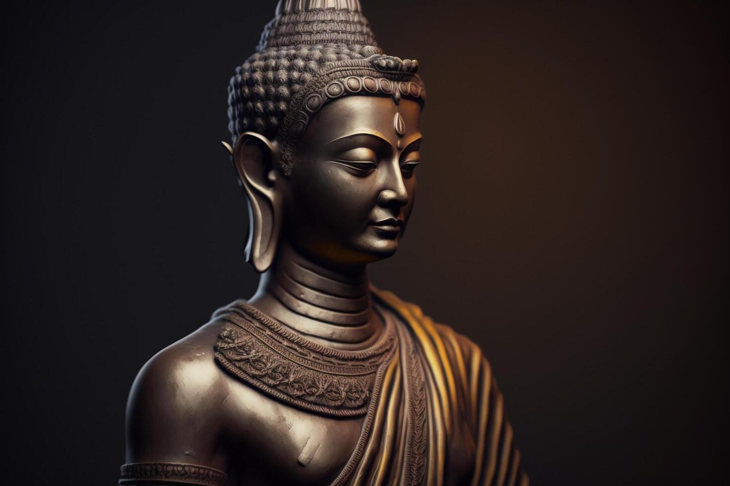 A thai buddha statue sits and meditating at buddhist temple. Ancient thailand buddha face. Background for vesak festival celebration. Vesak day concept. Vesak celebration day greetings by photo