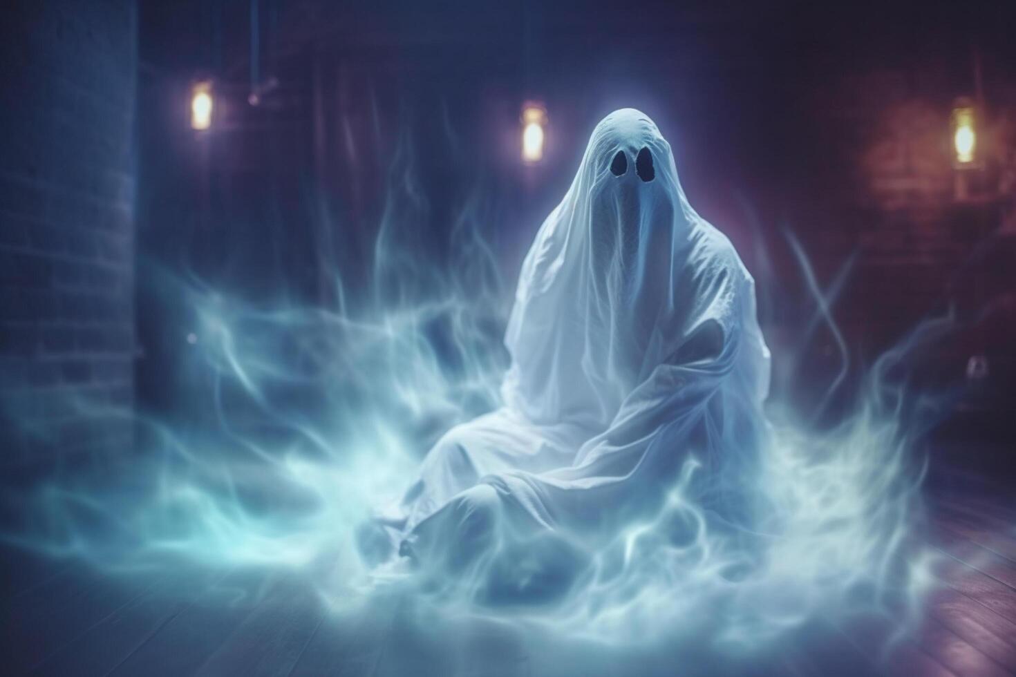 Human in spooky ghosts costume flying inside the old house or forest at night. Spooky halloween background with ghost. Ghost on halloween celebration concept by photo