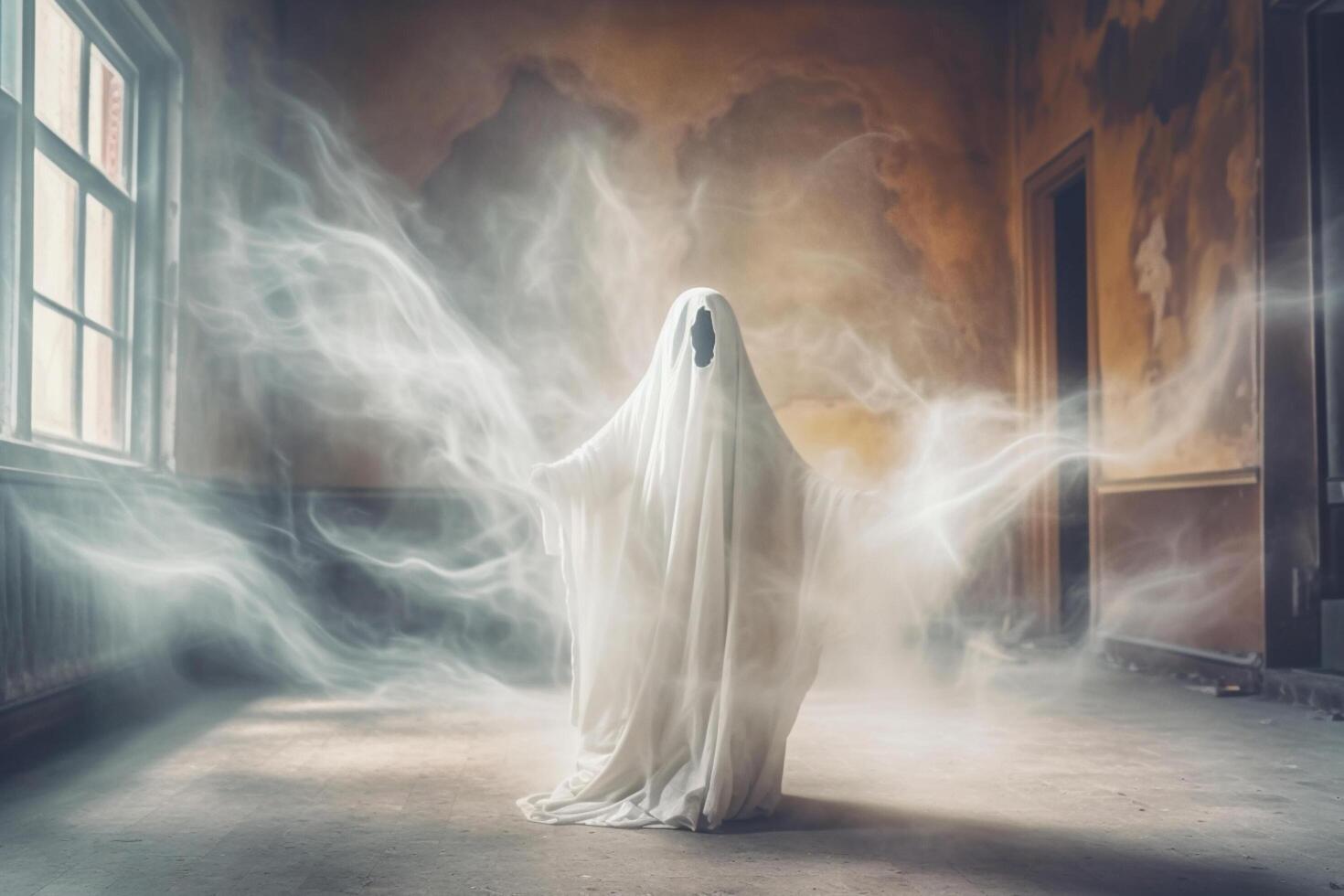 Human in spooky ghosts costume flying inside the old house or forest at night. Spooky halloween background with ghost. Ghost on halloween celebration concept by photo