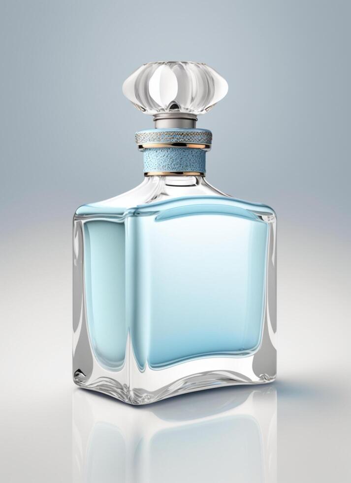 A high class bottle of glass perfume with light blue liquid. Aromatic perfume bottles on white background. Beauty product, cosmetic, perfume day, fragrance day or perfume launch event by photo