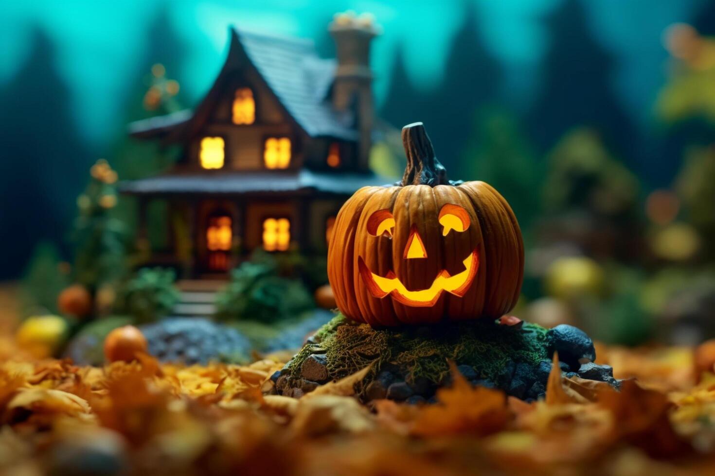 Scary pumpkin and house in night of full moon on halloween celebration concept. Spooky halloween background with pumpkin. Dirty house and pumpkin on halloween celebration concept by photo