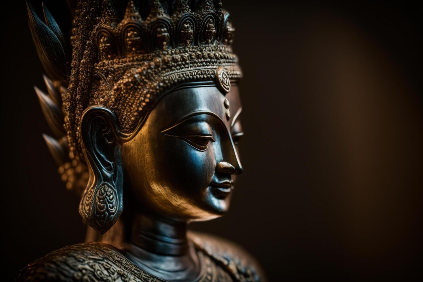 A thai buddha statue sits and meditating at buddhist temple. Ancient thailand buddha face. Background for vesak festival celebration. Vesak day concept. Vesak celebration day greetings by photo