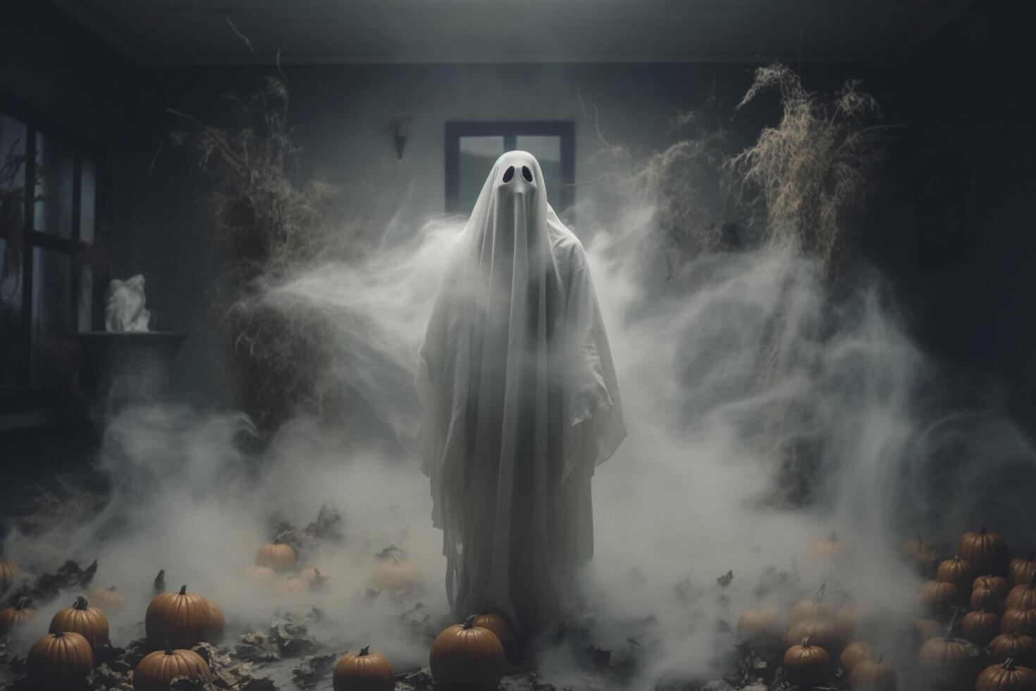 Human in spooky ghosts costume flying inside the old house or forest at night. Spooky halloween background with ghost. Ghost on halloween celebration concept by photo