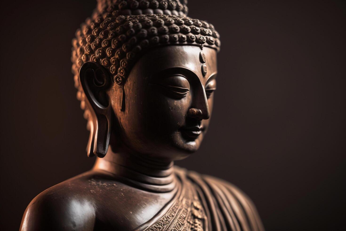 A thai buddha statue sits and meditating at buddhist temple. Ancient thailand buddha face. Background for vesak festival celebration. Vesak day concept. Vesak celebration day greetings by photo