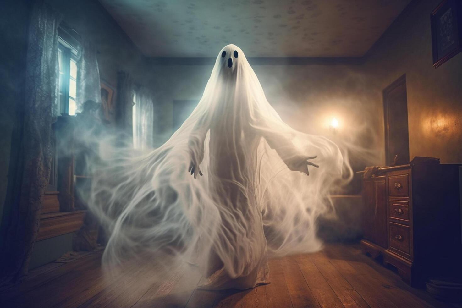 Human in spooky ghosts costume flying inside the old house or forest at night. Spooky halloween background with ghost. Ghost on halloween celebration concept by photo