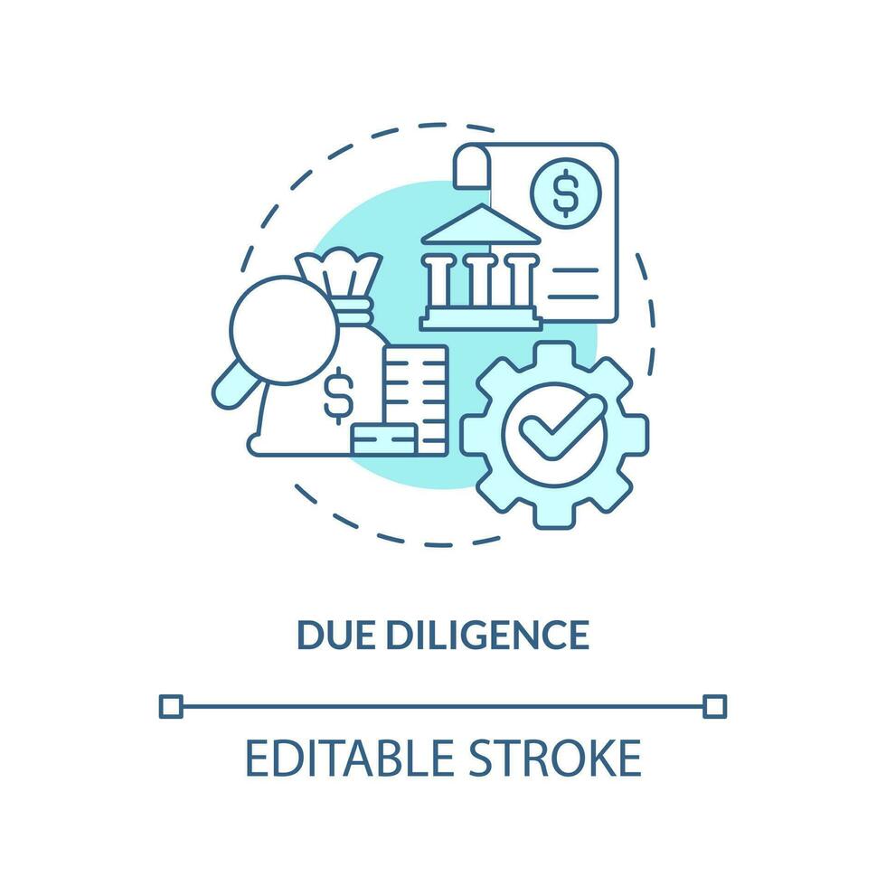 Due diligence turquoise concept icon. IT firm. Venture capital financing benefit abstract idea thin line illustration. Isolated outline drawing. Editable stroke vector