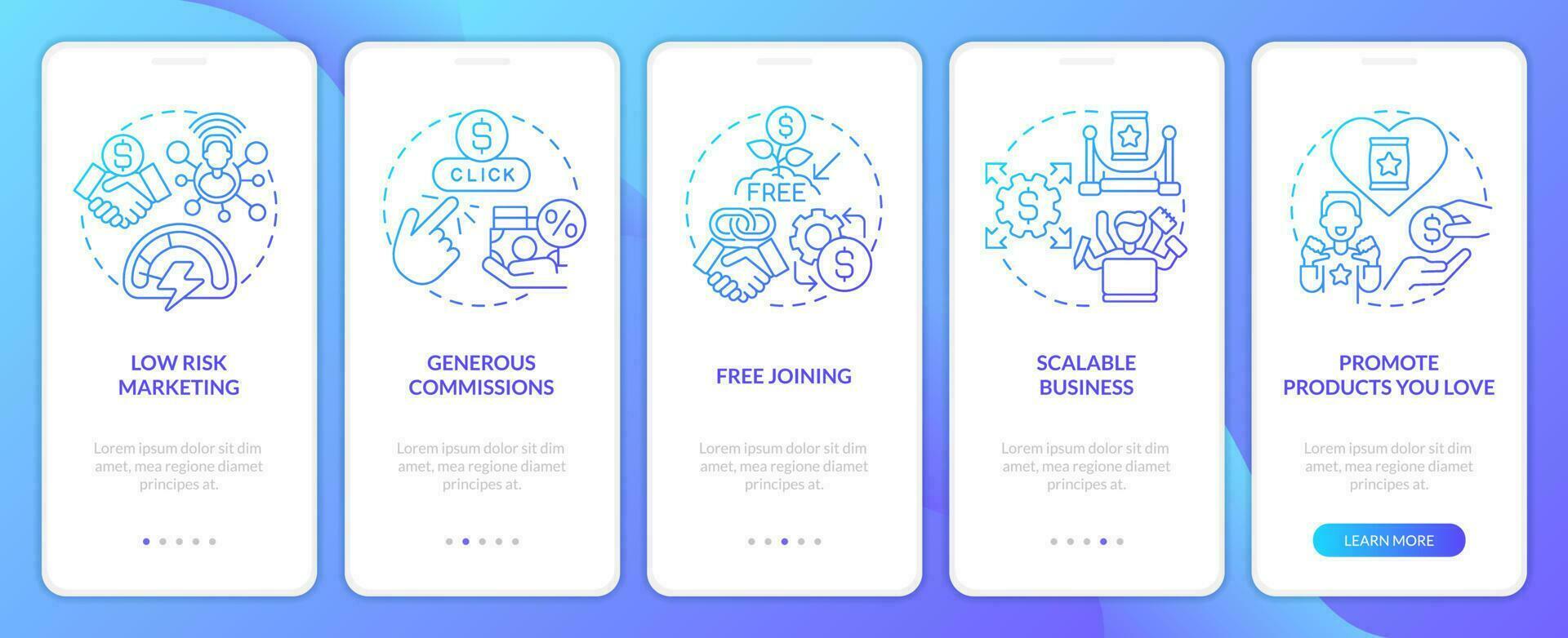 Affiliate marketer benefits blue gradient onboarding mobile app screen. Walkthrough 5 steps graphic instructions with linear concepts. UI, UX, GUI template vector