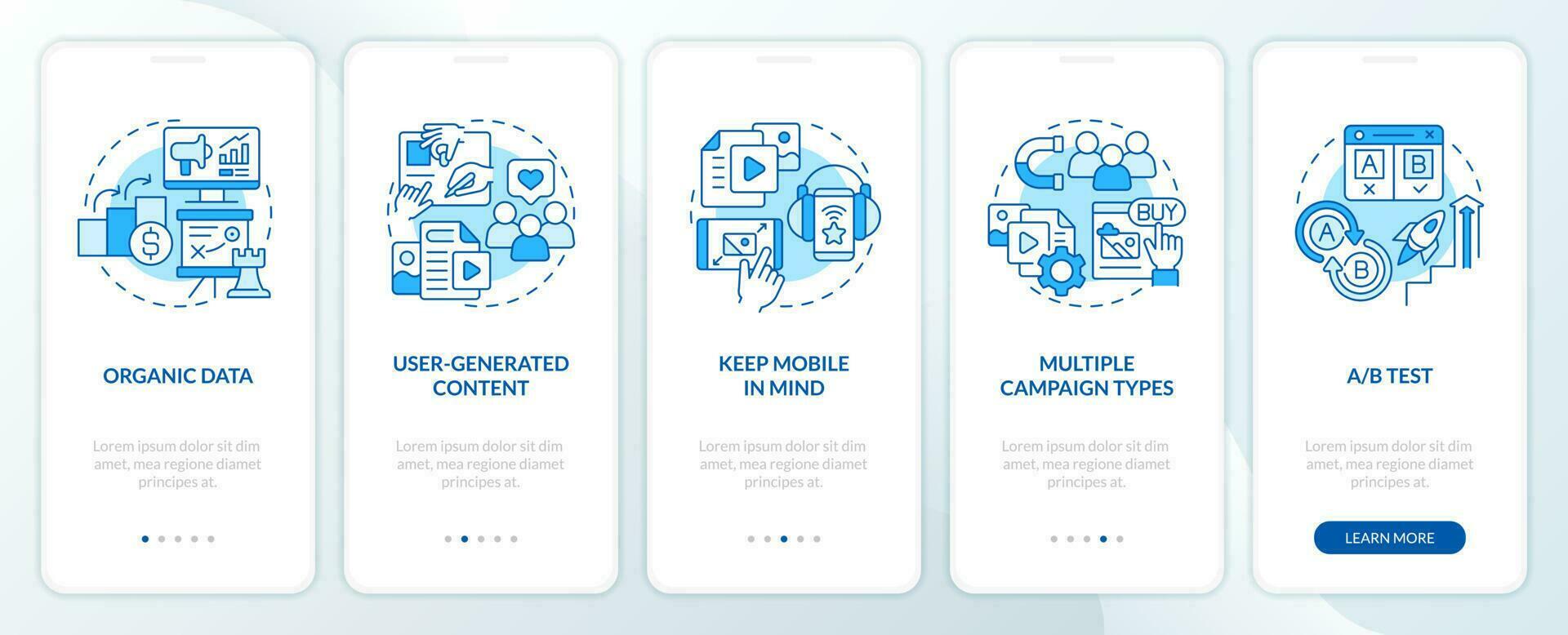 Social media advertising tips blue onboarding mobile app screen. SMM walkthrough 5 steps editable graphic instructions with linear concepts. UI, UX, GUI template vector