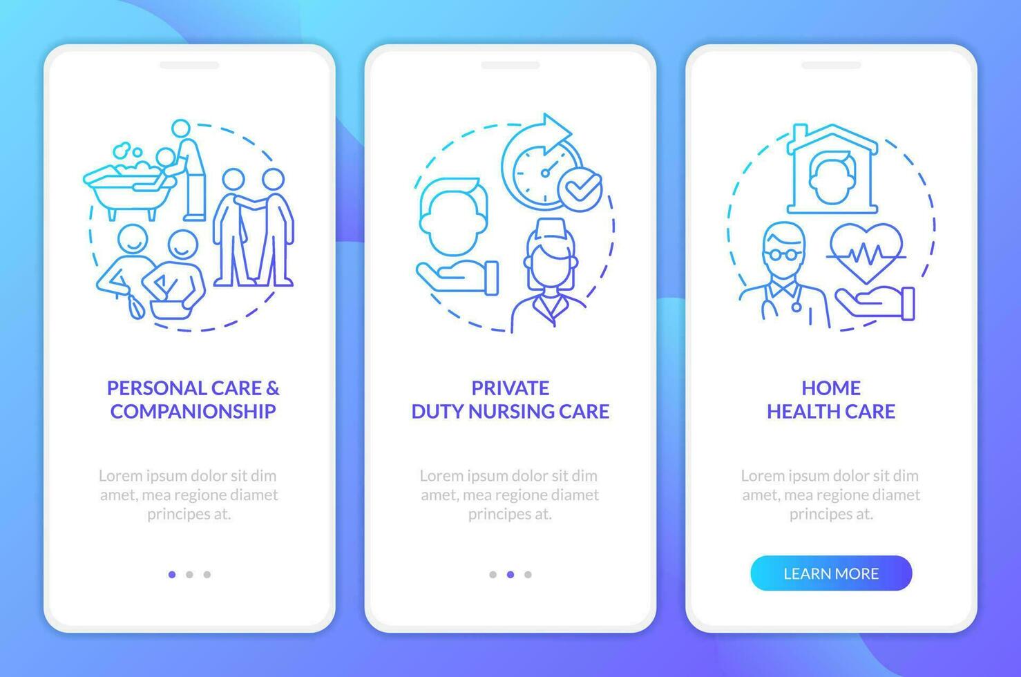Home health care types blue gradient onboarding mobile app screen. Walkthrough 3 steps graphic instructions with linear concepts. UI, UX, GUI template vector