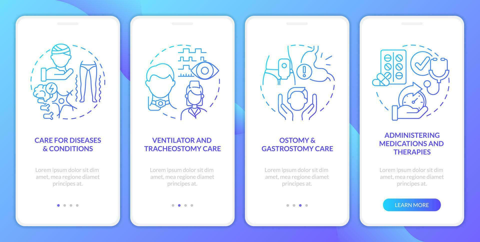 Private duty nursing care blue gradient onboarding mobile app screen. Walkthrough 4 steps graphic instructions with linear concepts. UI, UX, GUI template vector