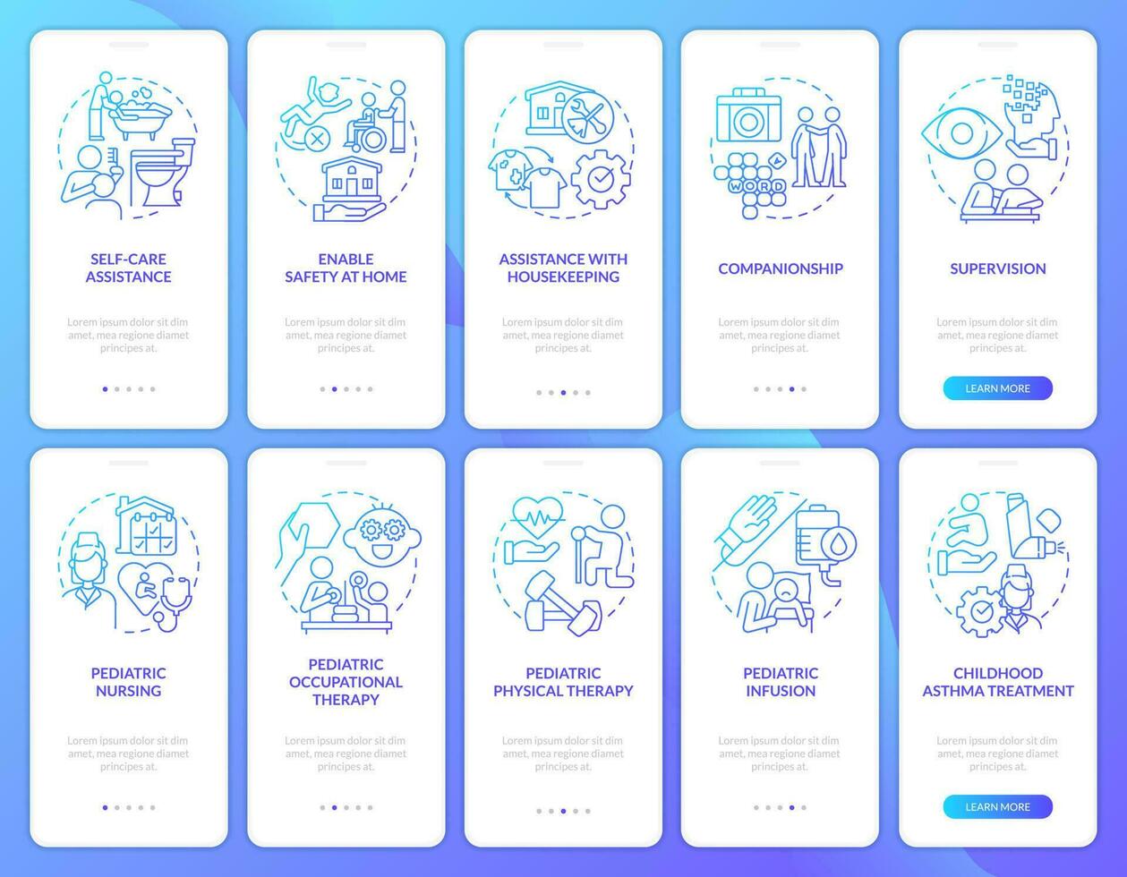 Home healthcare services blue gradient onboarding mobile app screen set. Walkthrough 5 steps graphic instructions with linear concepts. UI, UX, GUI template vector