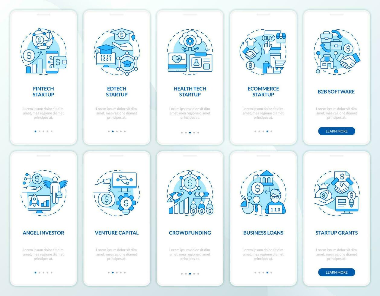 IT startup industries funds blue onboarding mobile app screens set. Walkthrough 5 steps editable graphic instructions with linear concepts. UI, UX, GUI template vector