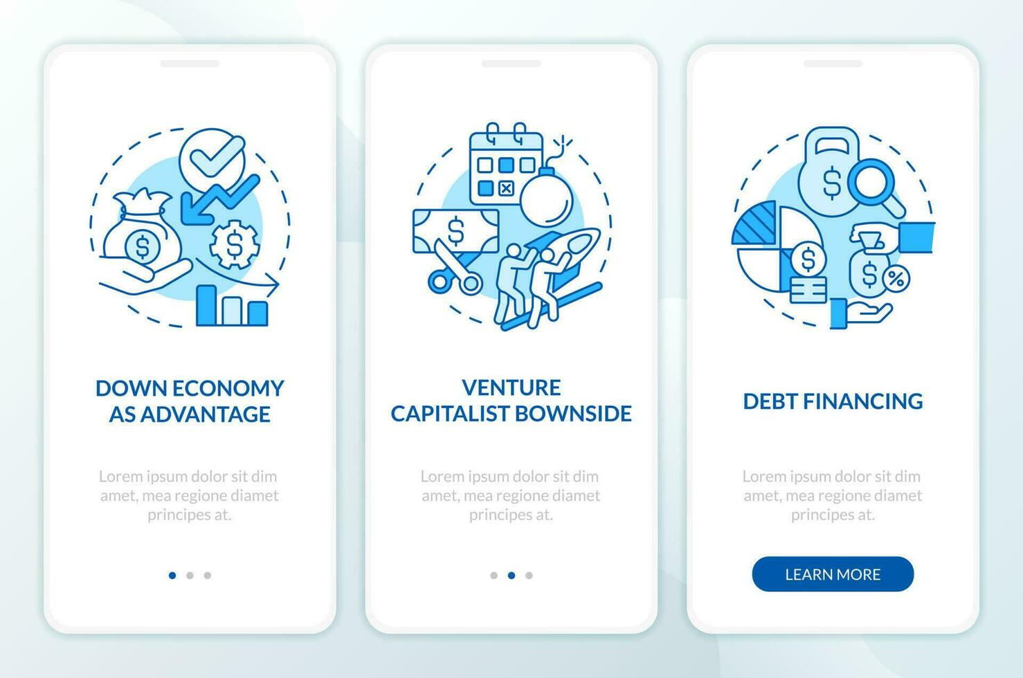 Fundraising tips blue onboarding mobile app screen. IT financing walkthrough 3 steps editable graphic instructions with linear concepts. UI, UX, GUI template vector