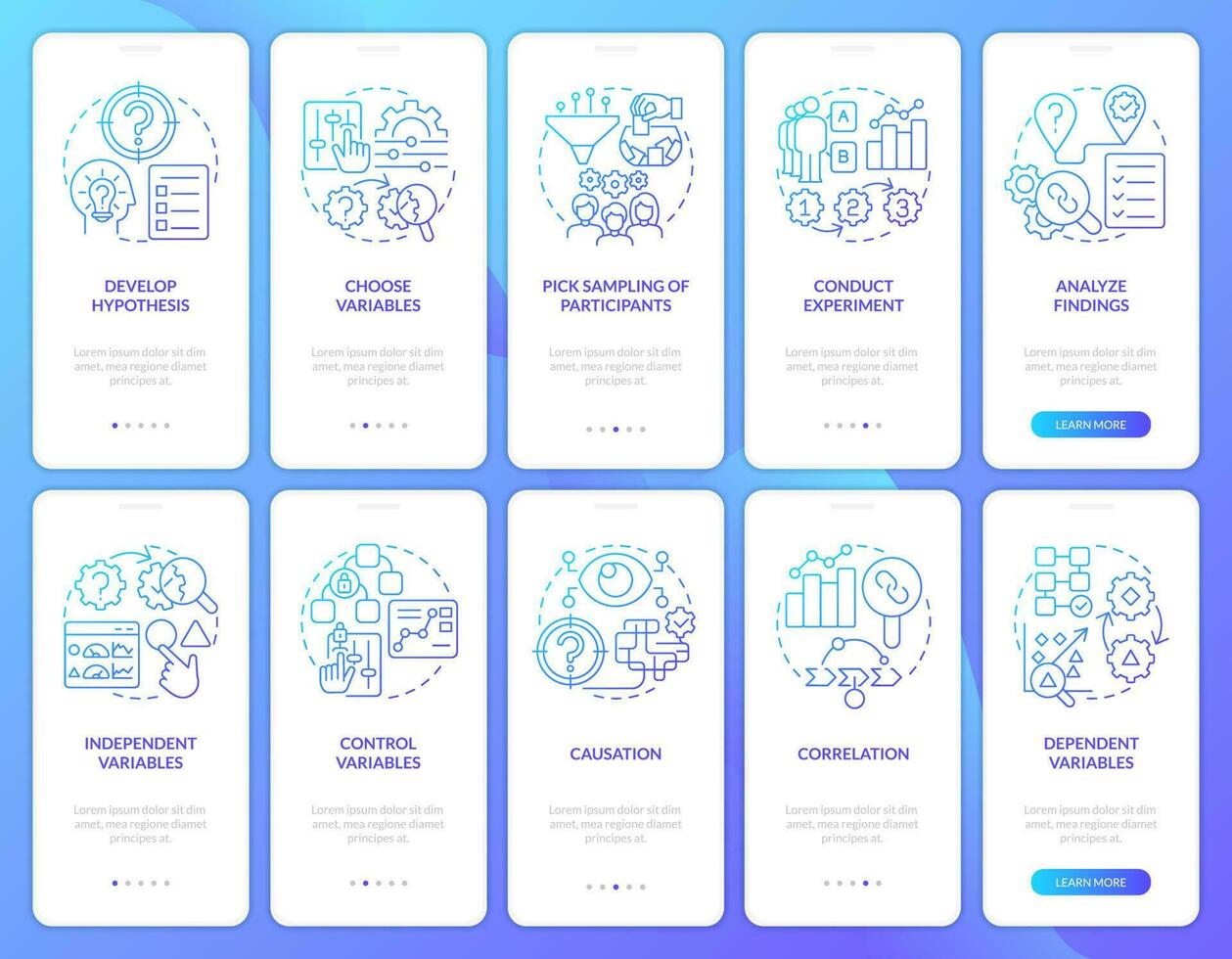 Causal research blue gradient onboarding mobile app screens set. Business. Walkthrough 5 steps graphic instructions with linear concepts. UI, UX, GUI template vector