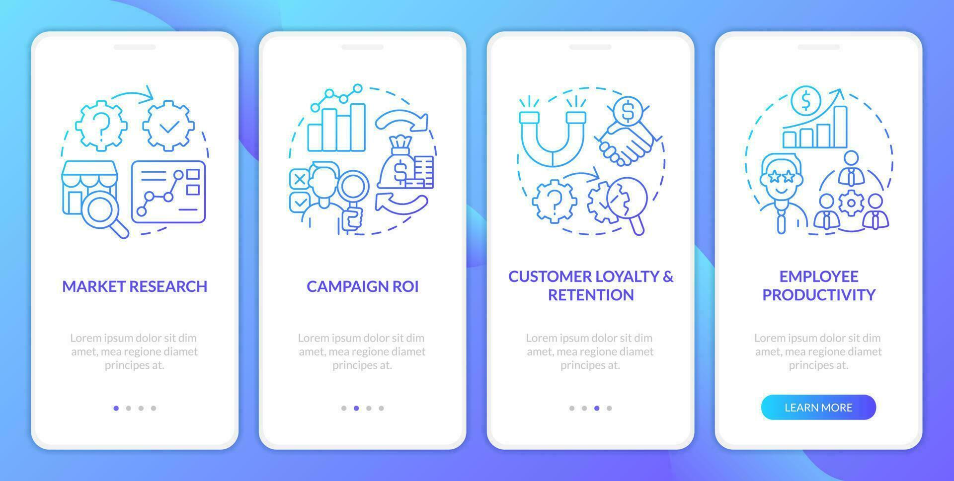Causal research examples blue gradient onboarding mobile app screen. Walkthrough 4 steps graphic instructions with linear concepts. UI, UX, GUI template vector