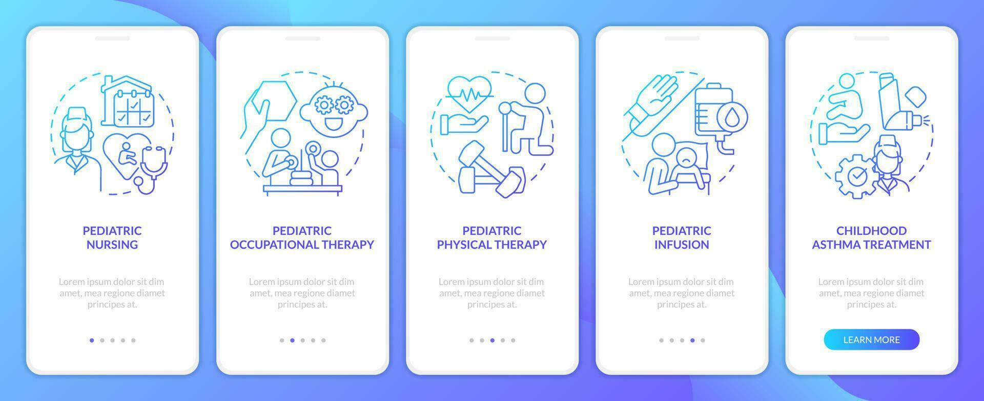 Pediatric home health care blue gradient onboarding mobile app screen. Walkthrough 5 steps graphic instructions with linear concepts. UI, UX, GUI template vector