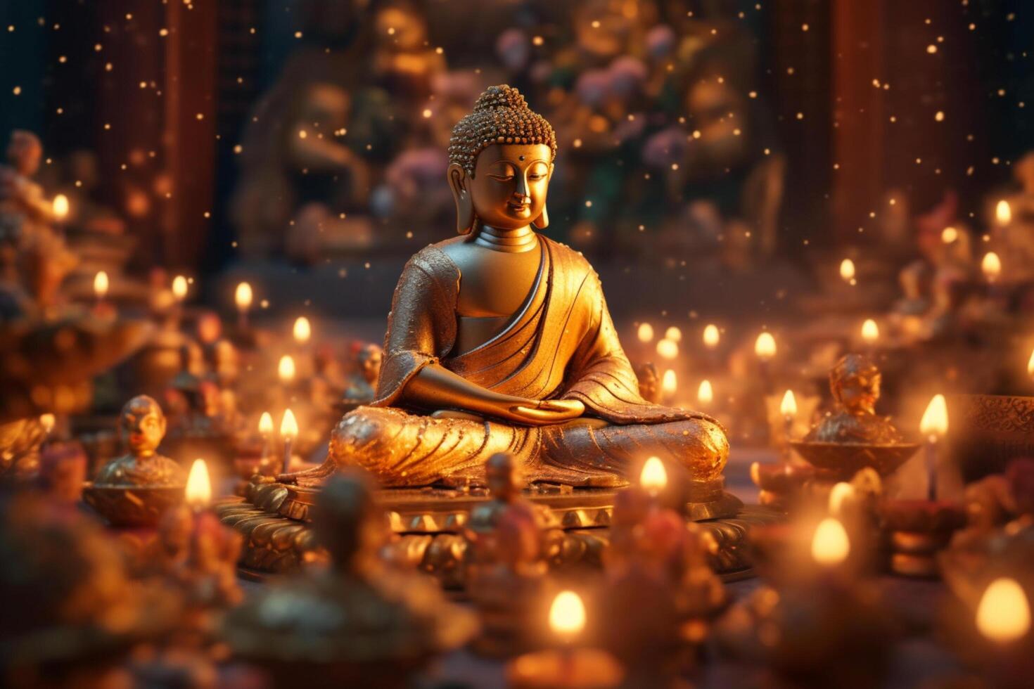 A buddha sits in a garden with a lotus and candles. Background for vesak festival celebration. Vesak day concept. Vesak celebration day greetings by photo