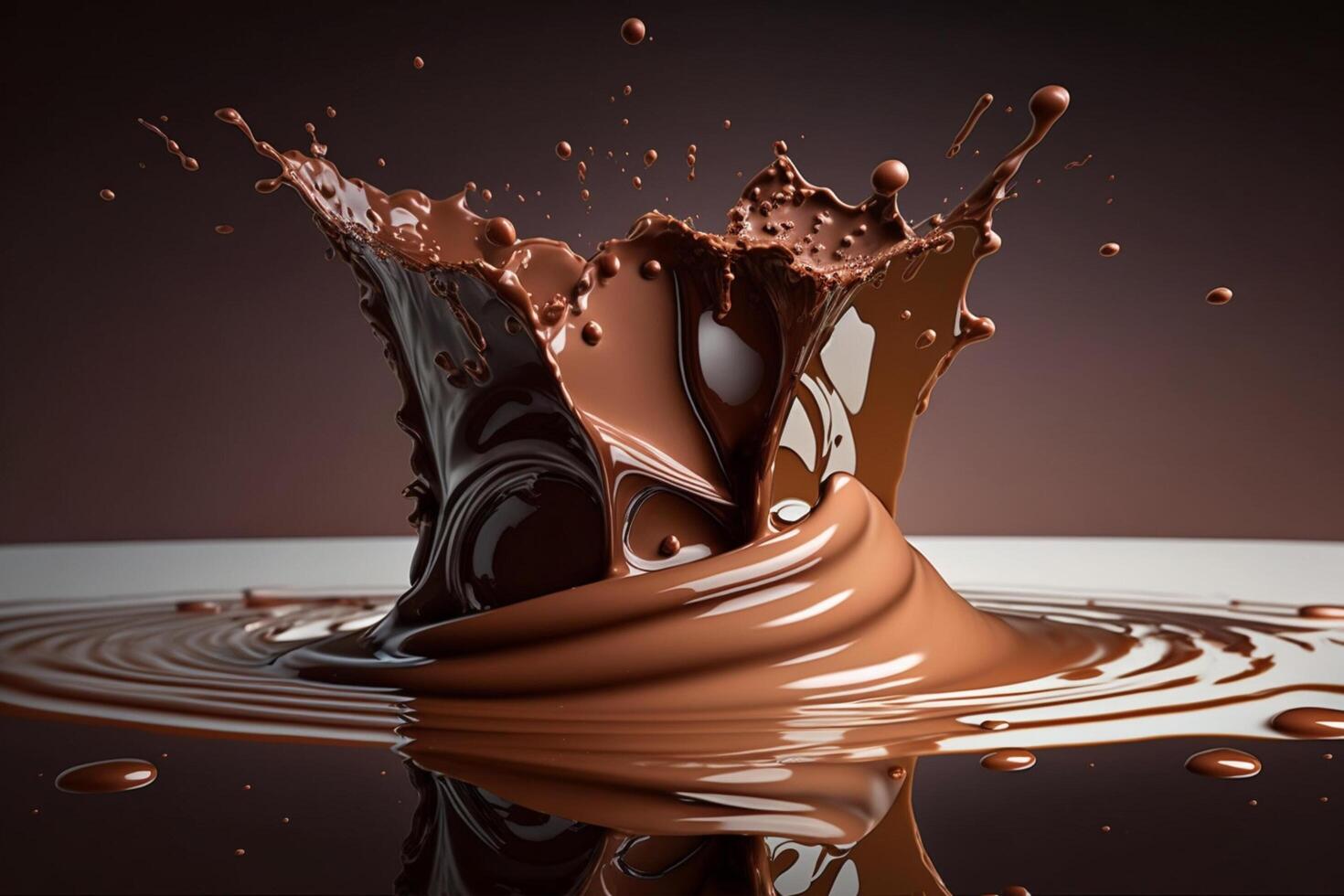 A delicious melting chocolate splash in a realistic style. Hot chocolate, cacao or coffee splash. Tasty chocolate liquid splash. Chocolate sauce crown splash. For chocolate day dessert by photo