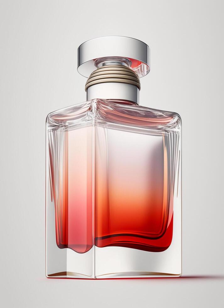 A high class bottle of glass perfume with light red liquid. Aromatic perfume bottles on white background. Beauty product, cosmetic, perfume day, fragrance day or perfume launch event by photo