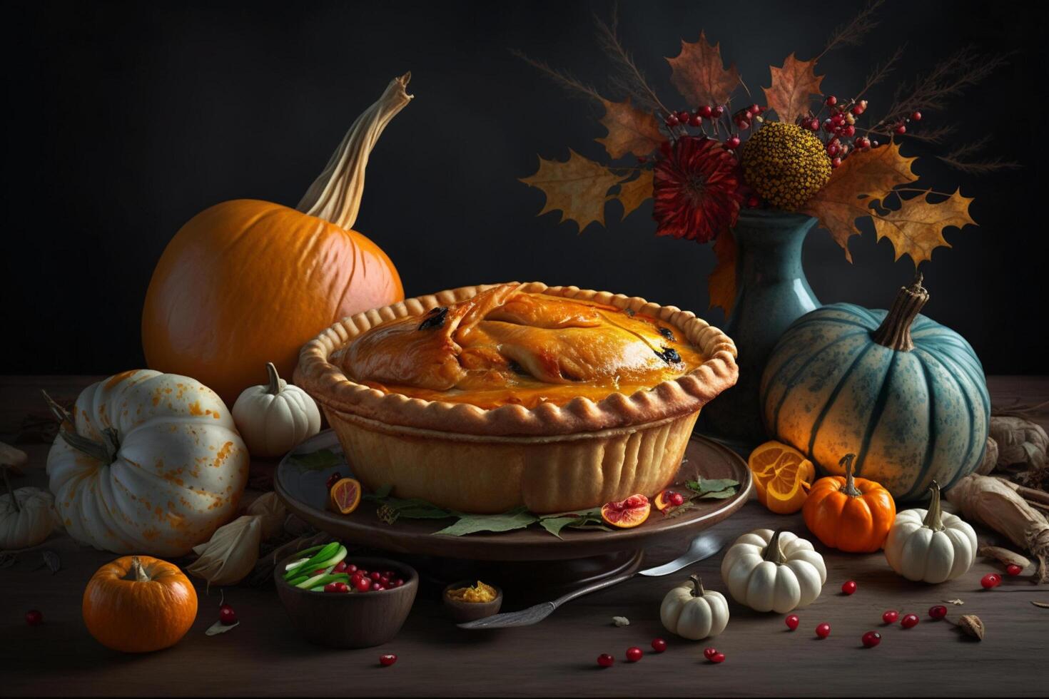 Thanksgiving day meal with pie, pumpkin, oranges, or roasted chicken in oven form. Flat lay assortment with delicious thanksgiving food. Happy thanksgiving day concept by photo