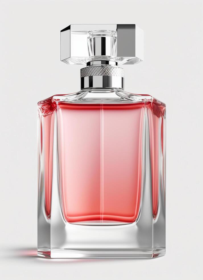 A high class bottle of glass perfume with light red liquid. Aromatic perfume bottles on white background. Beauty product, cosmetic, perfume day, fragrance day or perfume launch event by photo