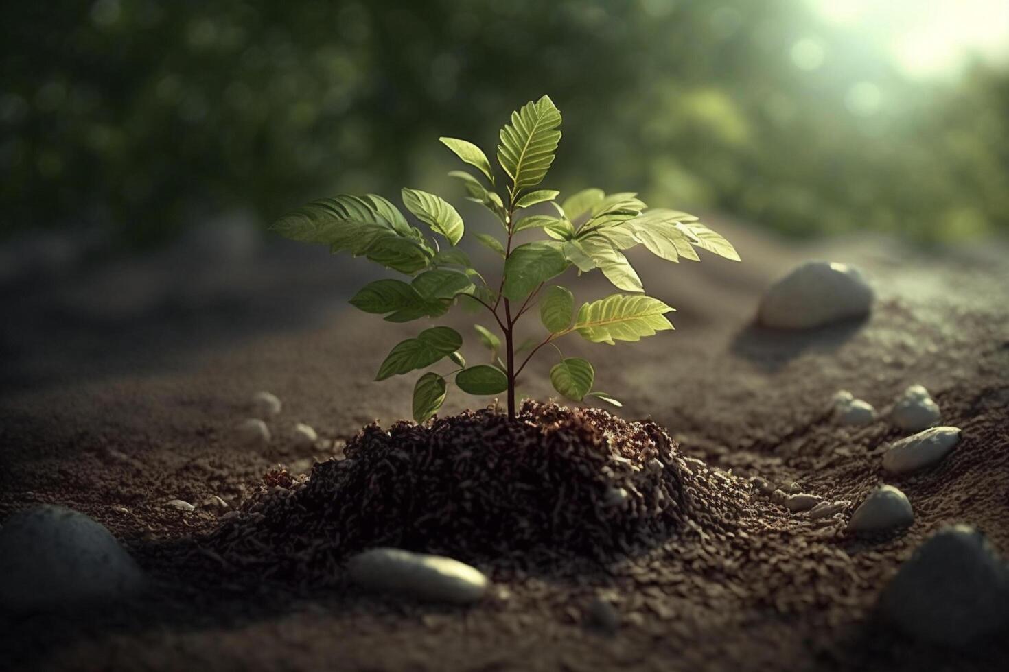 Plant growing in farm ground or forest with sunlight at daytime. Young plant is growing. World earth day. World environment day. Earth conservation, ecology or global warming by photo