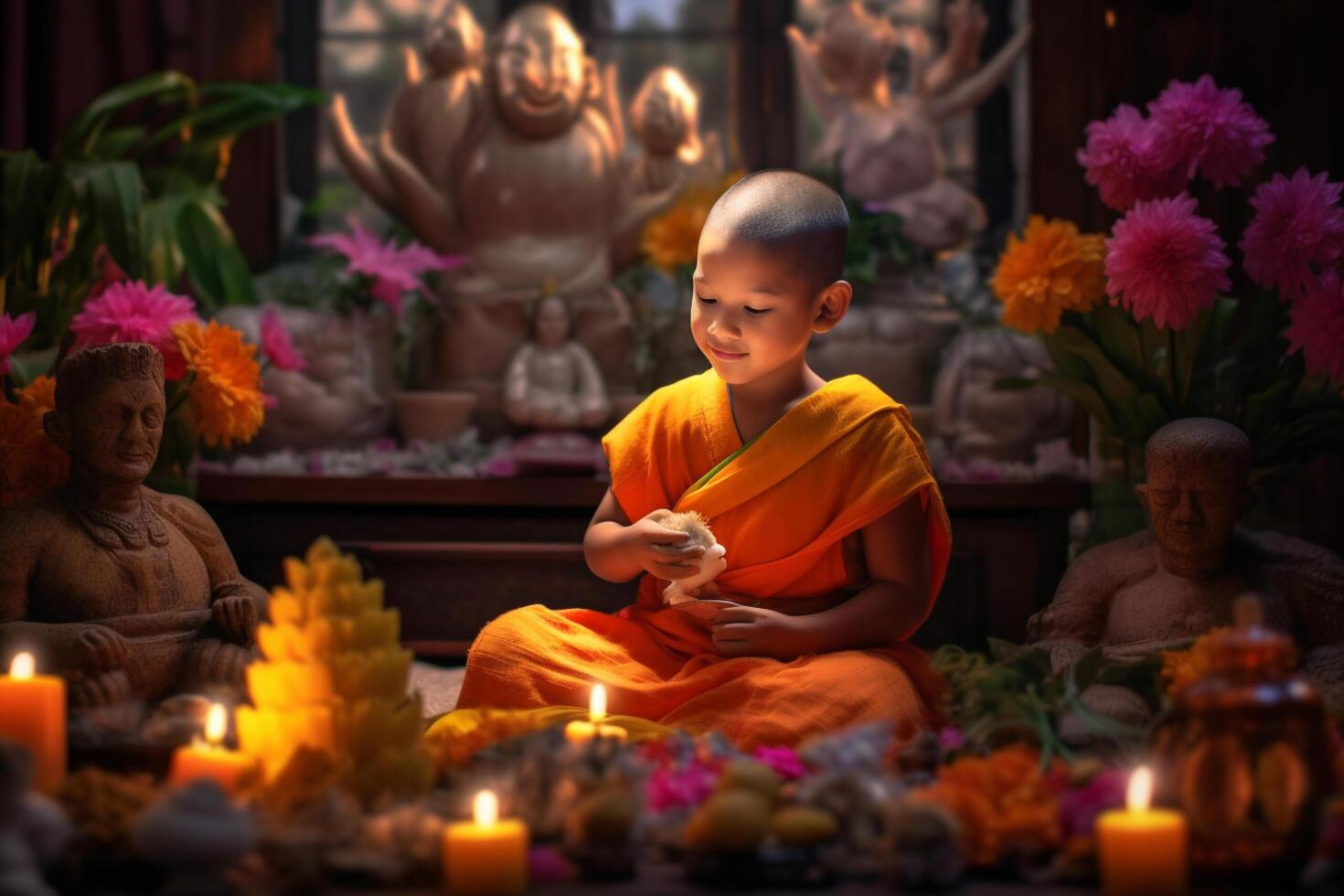 A young buddha sits in a garden with a lotus and candles. Background for vesak festival celebration. Vesak day concept. Vesak celebration day greetings by photo