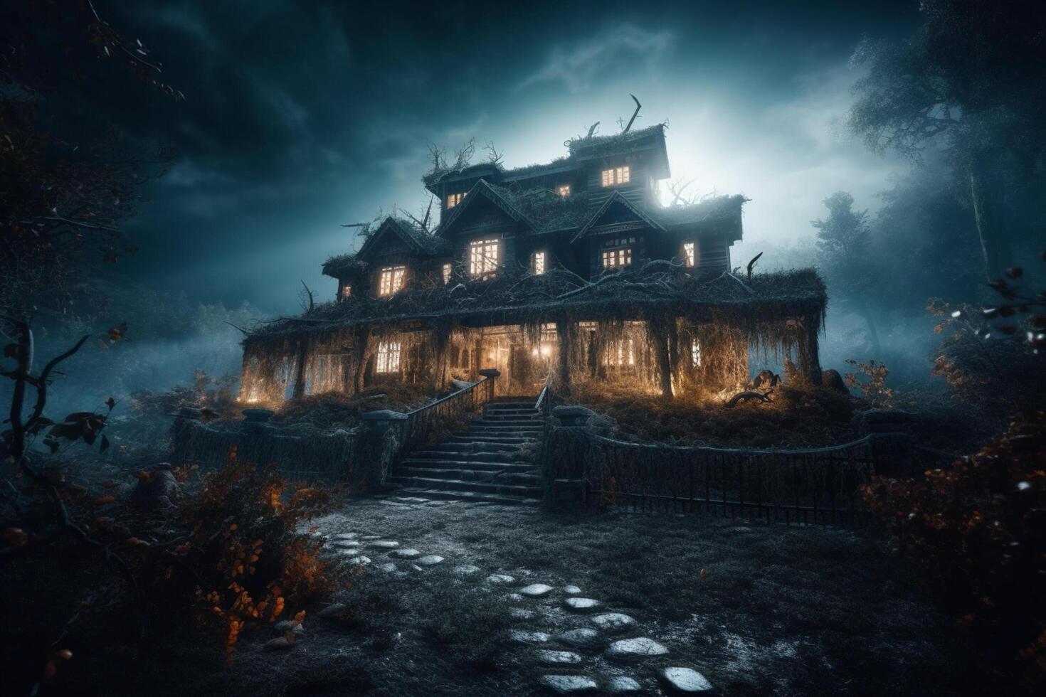 Haunted house on halloween celebration concept. Spooky house halloween background with deserted building and pumpkin. Scary house with creepy building at night by photo