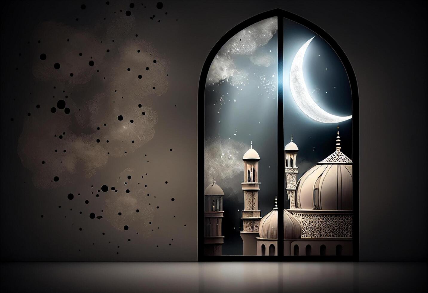 A windows depicts an islamic mosque at night with moon and lentern. In style of islamic city. Arched doorways. Eid al fitr background of window. Ramadan islamic lantern on a table by photo