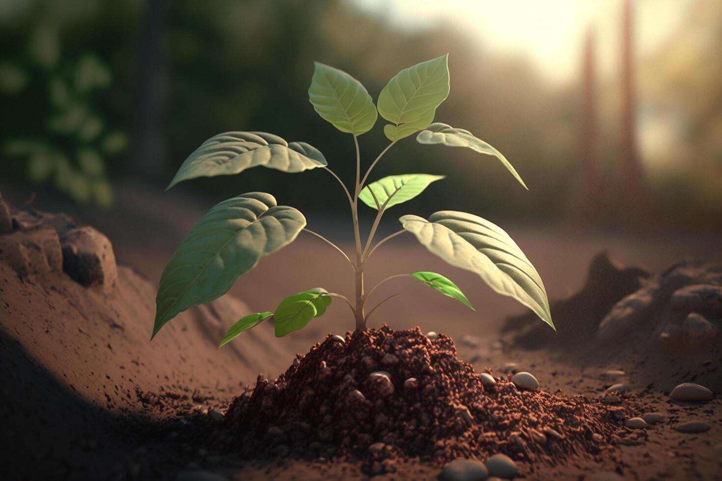 Plant growing in farm ground or forest with sunlight at daytime. Young plant is growing. World earth day. World environment day. Earth conservation, ecology or global warming by photo