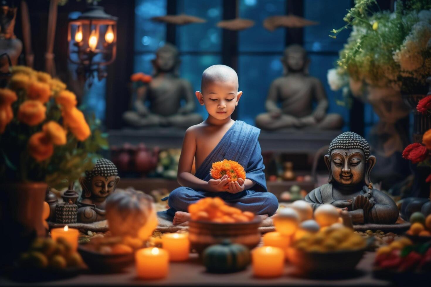 A young buddha sits in a garden with a lotus and candles. Background for vesak festival celebration. Vesak day concept. Vesak celebration day greetings by photo