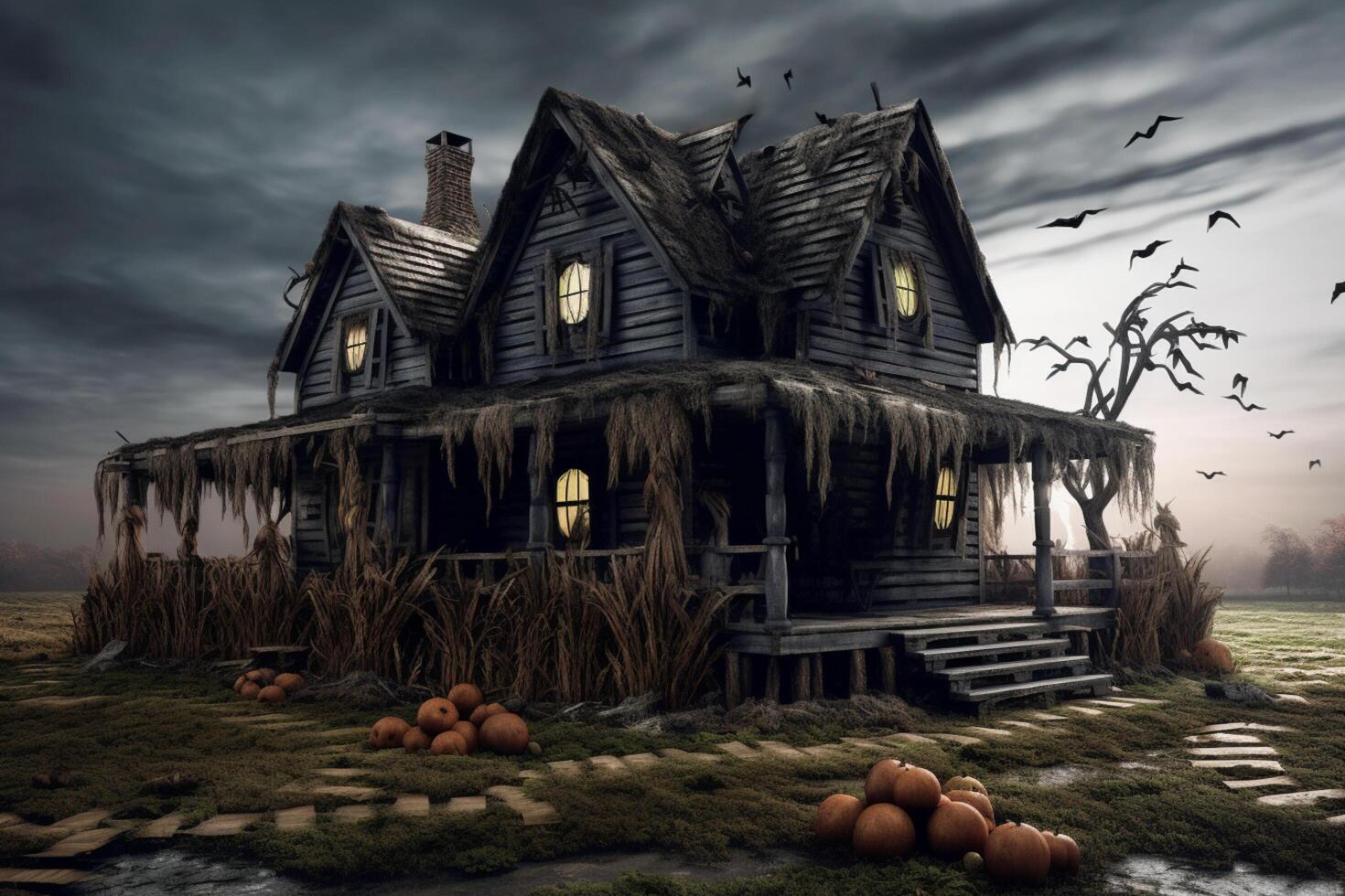 Haunted house on halloween celebration concept. Spooky house halloween background with deserted building and pumpkin. Scary house with creepy building at night by photo