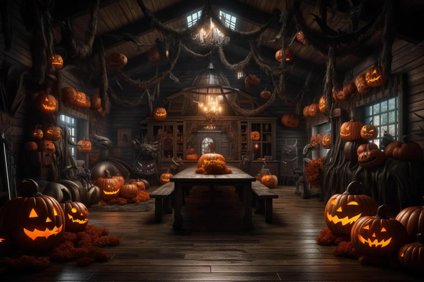 Haunted house on halloween celebration concept. Spooky house halloween background with deserted building and pumpkin. Scary house with creepy building at night by photo