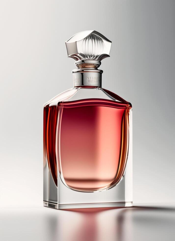 A high class bottle of glass perfume with light red liquid. Aromatic perfume bottles on white background. Beauty product, cosmetic, perfume day, fragrance day or perfume launch event by photo