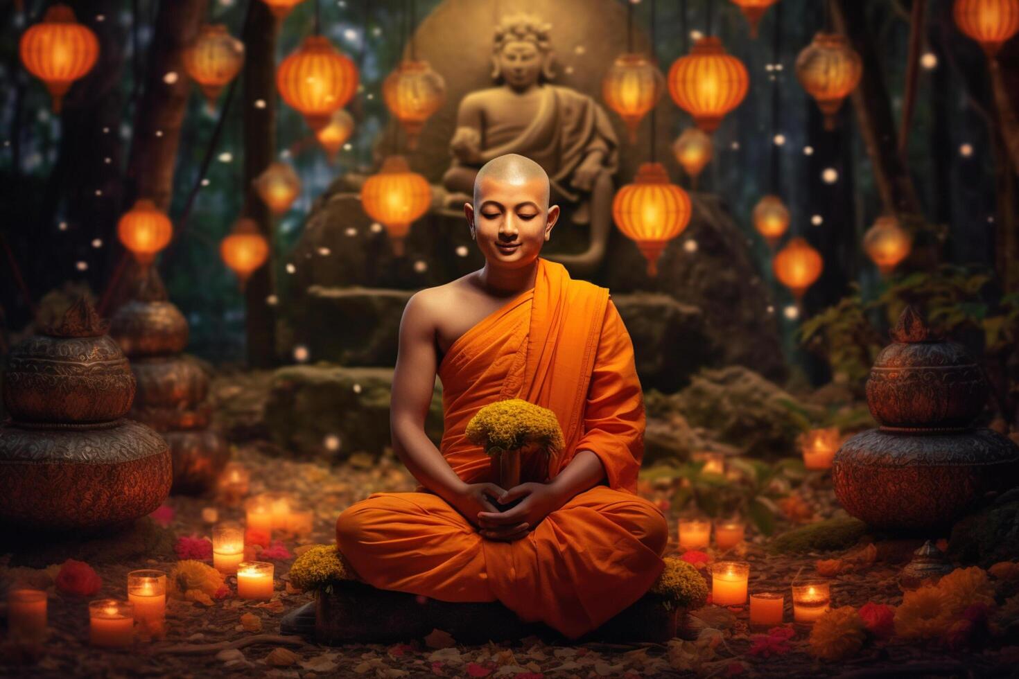 A buddha sits in a garden with a lotus and candles. Background for vesak festival celebration. Vesak day concept. Vesak celebration day greetings by photo