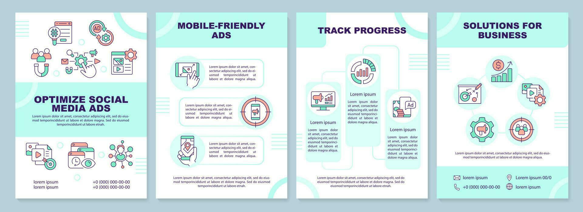 Optimize social media ads mint brochure template. SMM strategy. Leaflet design with linear icons. Editable 4 vector layouts for presentation, annual reports