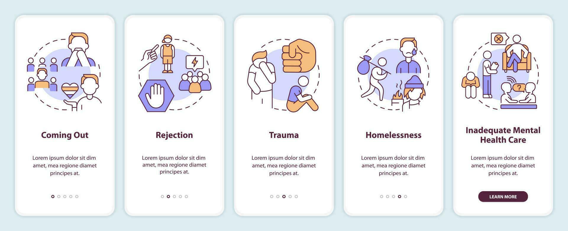 LGBTQI mental health risk factors onboarding mobile app screen. Walkthrough 5 steps editable graphic instructions with linear concepts. UI, UX, GUI template vector