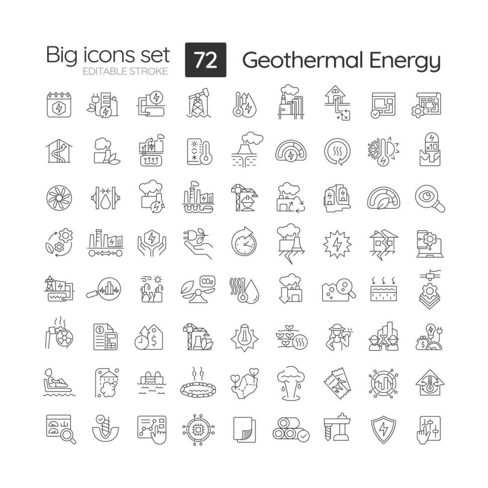 Geothermal energy linear icons set. Alternative power. Green electricity. Technologies and usage. Customizable thin line symbols. Isolated vector outline illustrations. Editable stroke