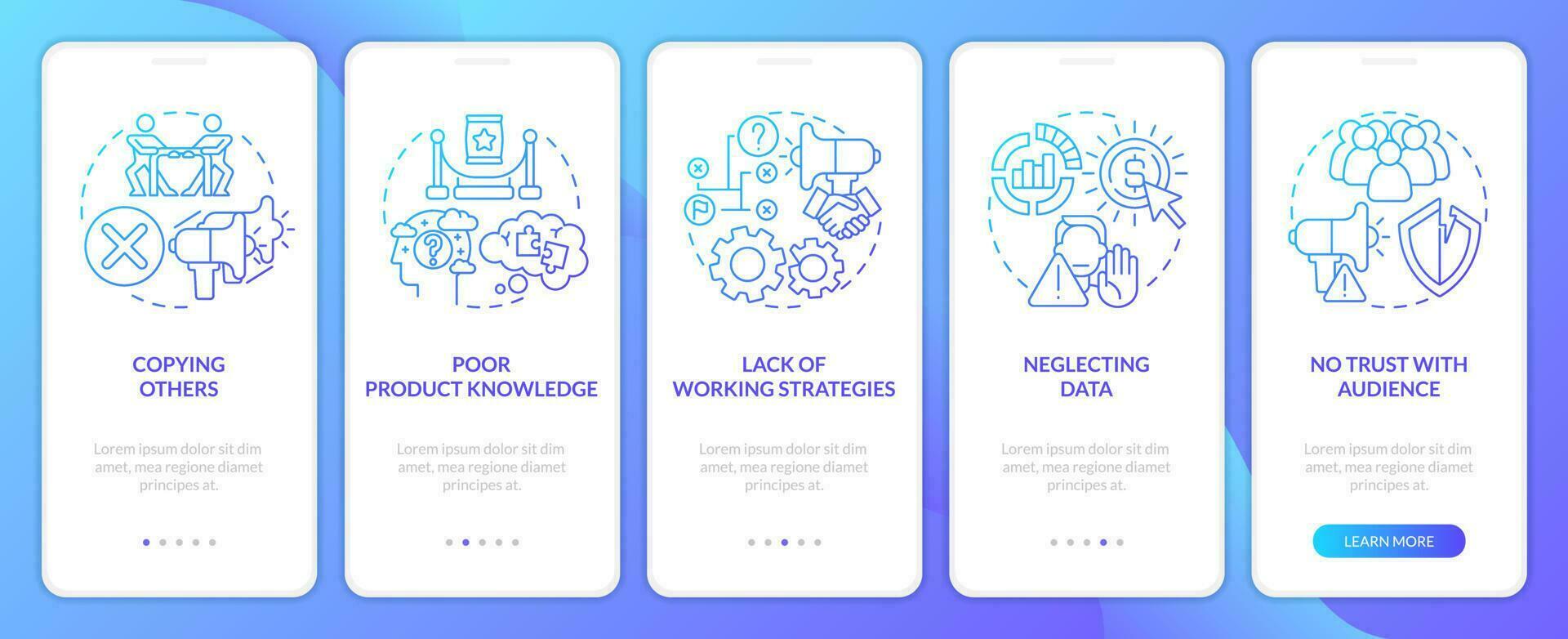 Affiliate marketer mistakes blue gradient onboarding mobile app screen. Walkthrough 5 steps graphic instructions with linear concepts. UI, UX, GUI template vector