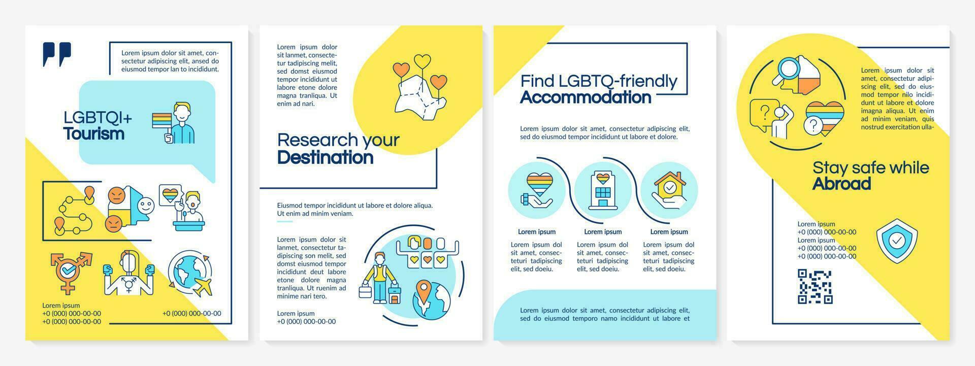 LGBTQI travel information blue and yellow brochure template. Safe trip. Leaflet design with linear icons. Editable 4 vector layouts for presentation, annual reports