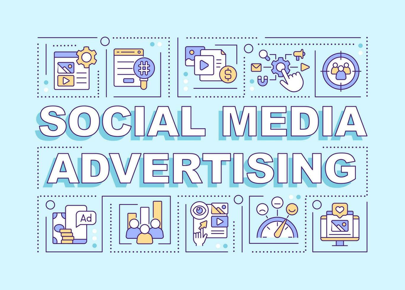 Social media advertisement word concepts blue banner. SMM technology. Infographics with editable icons on color background. Isolated typography. Vector illustration with text