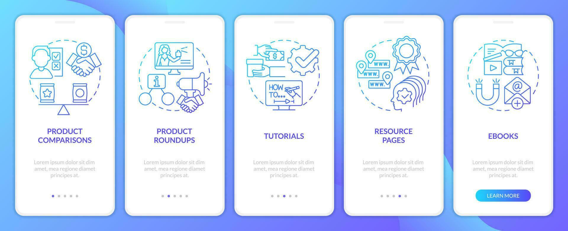 Content for affiliate website blue gradient onboarding mobile app screen. Walkthrough 5 steps graphic instructions with linear concepts. UI, UX, GUI template vector