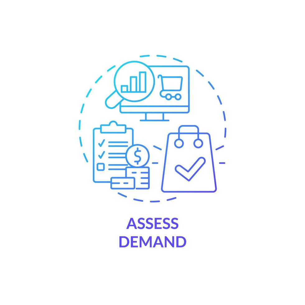 Assess demand blue gradient concept icon. Search business trends. Select affiliate marketing niche abstract idea thin line illustration. Isolated outline drawing vector