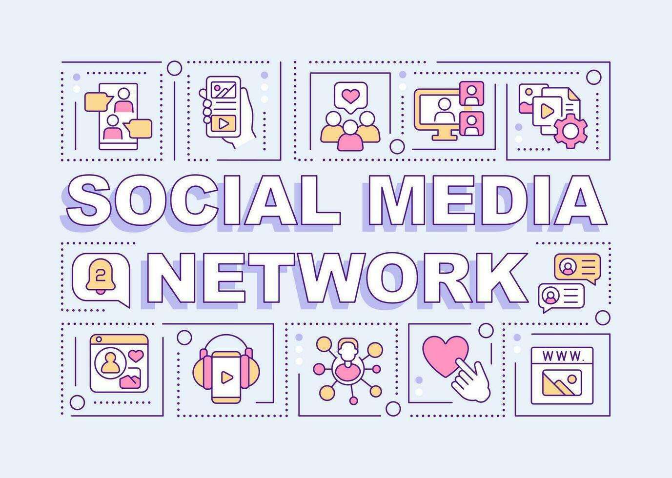 Social media network word concepts lilac banner. Online communication. Infographics with editable icons on color background. Isolated typography. Vector illustration with text