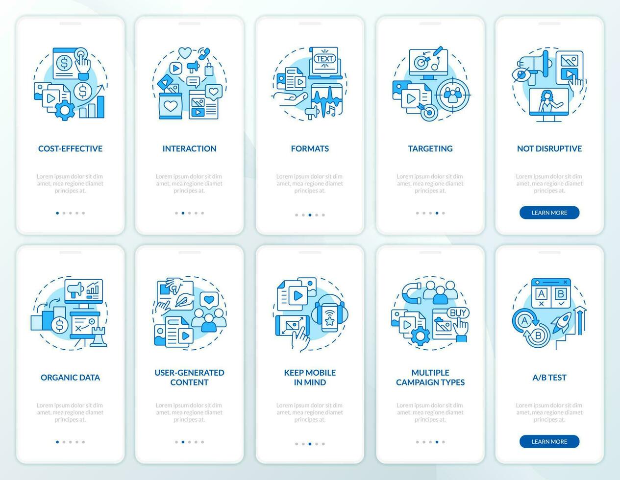 SMM benefits and tips blue onboarding mobile app screens set. Walkthrough 5 steps editable graphic instructions with linear concepts. UI, UX, GUI template vector