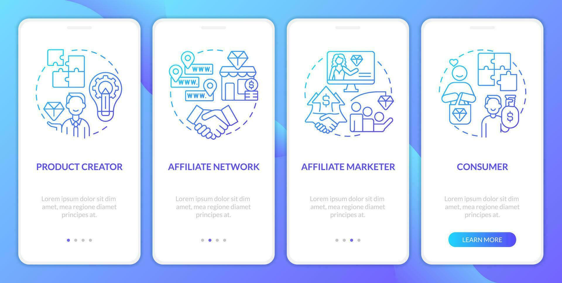 Parties in affiliate marketing blue gradient onboarding mobile app screen. Walkthrough 4 steps graphic instructions with linear concepts. UI, UX, GUI template vector